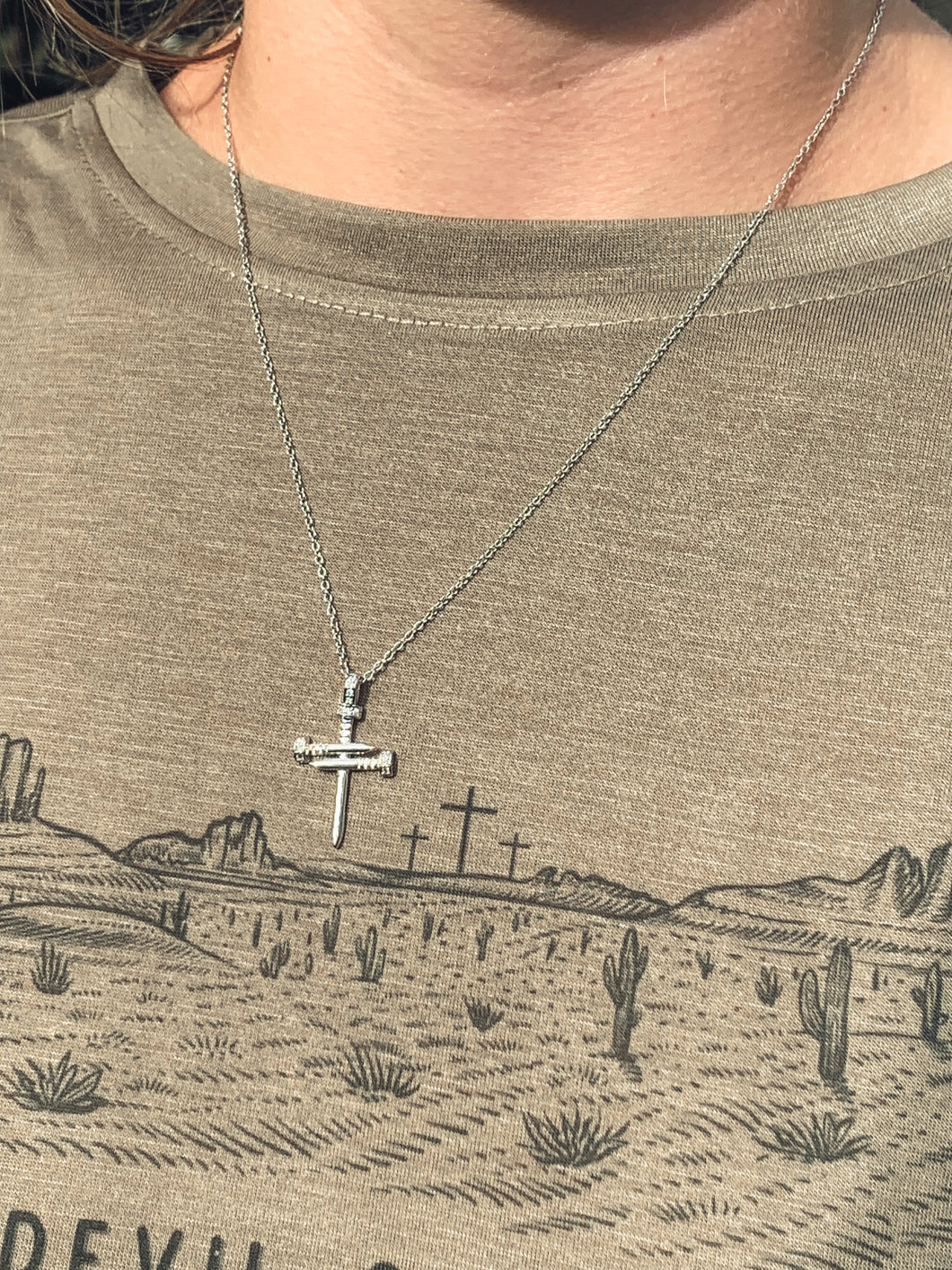 Silver Stoned Nailed Cross Necklace