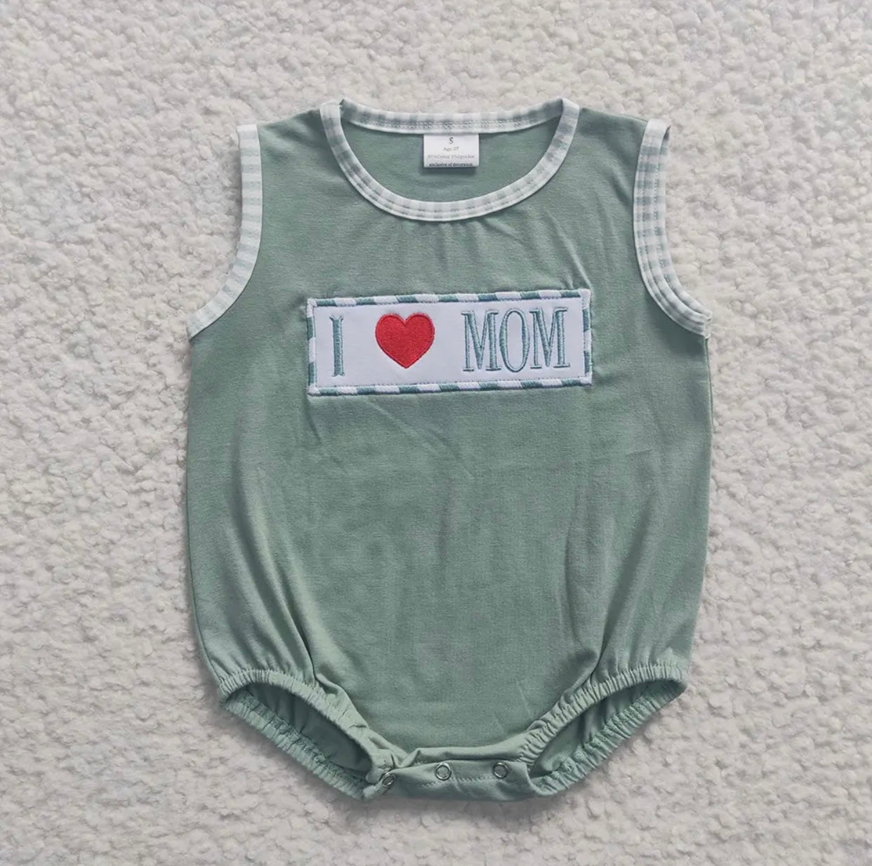 I Heart Mom Stitched Green Baby Romper
