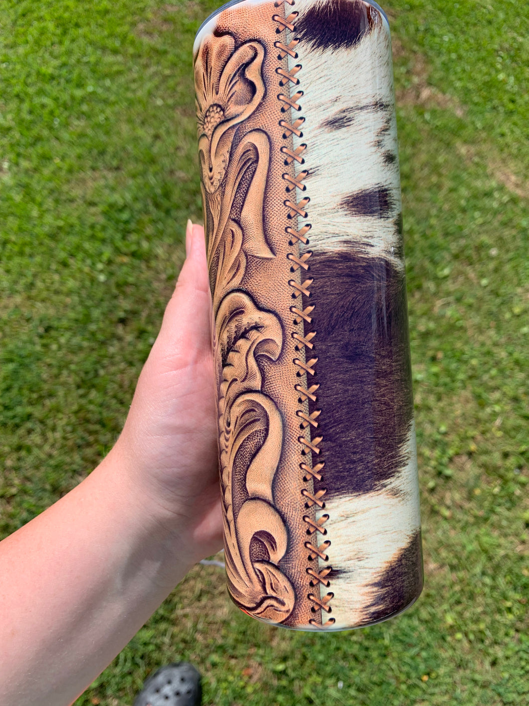 Leather Cow Stitched Tumbler!
